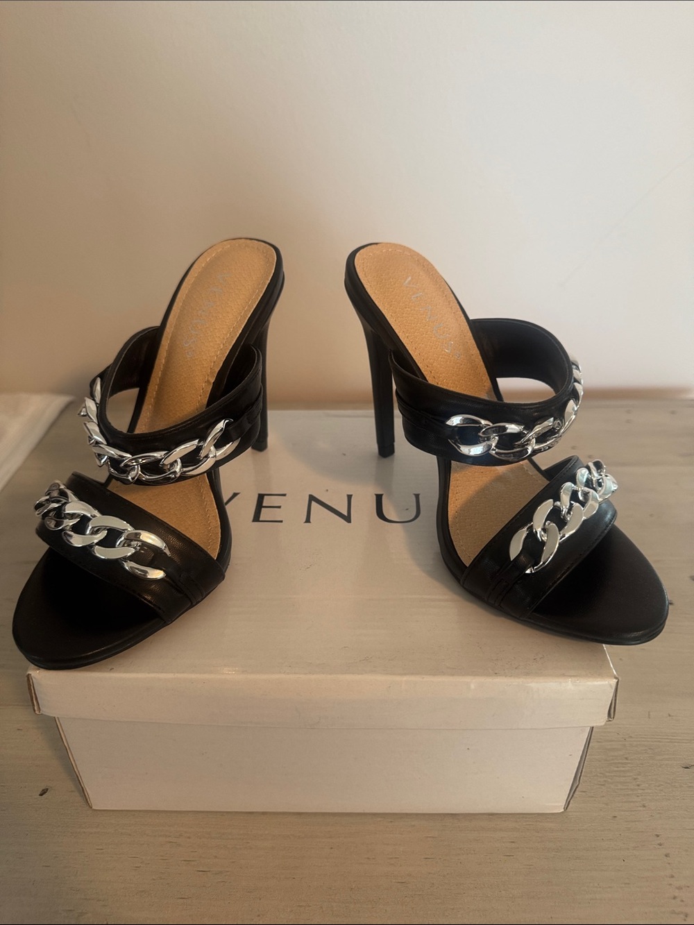 New!! VENUS Black Slide Mules with Silver Chain Accents